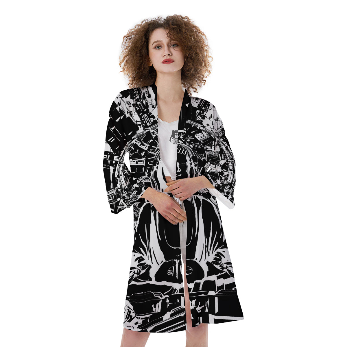 Technical Buddha Black And White Print Kimono-grizzshop