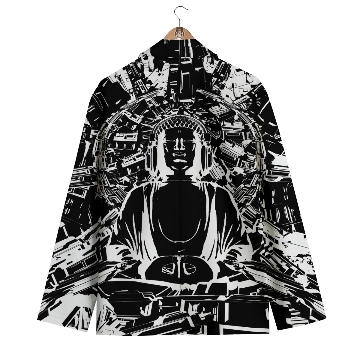 Technical Buddha Black And White Print Men's Blazer-grizzshop