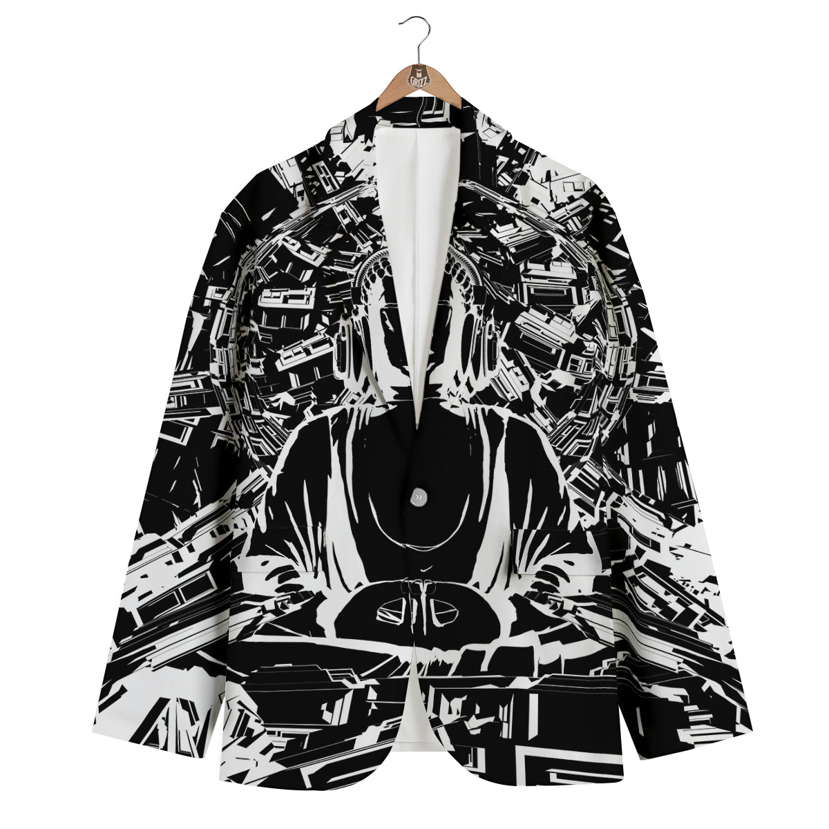 Technical Buddha Black And White Print Men's Blazer-grizzshop