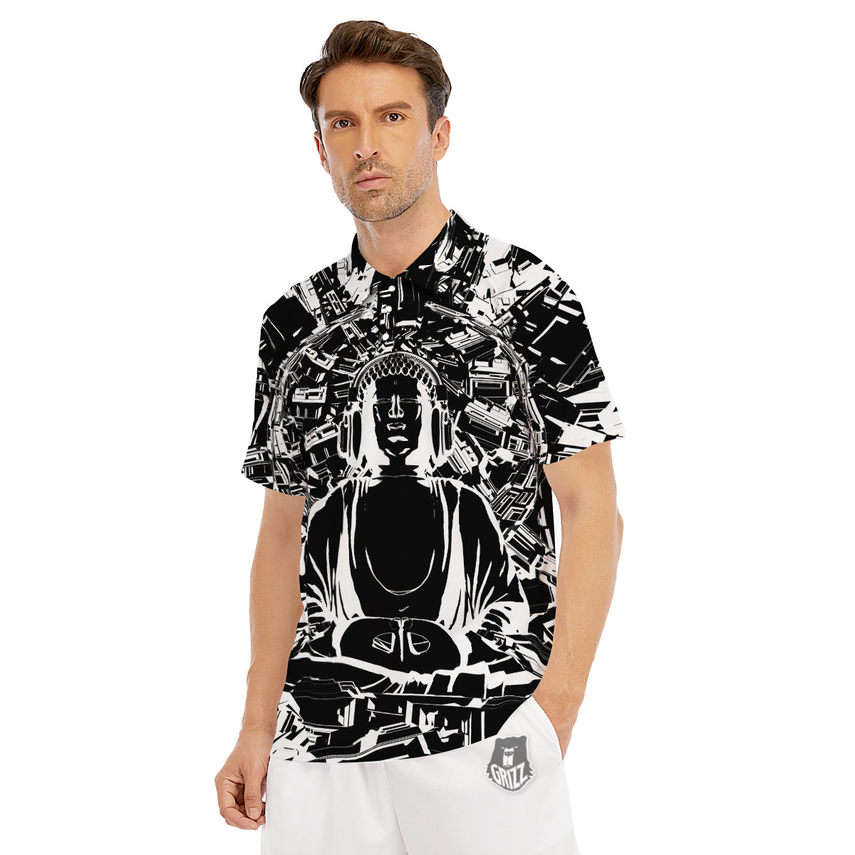 Technical Buddha Black And White Print Men's Golf Shirts-grizzshop