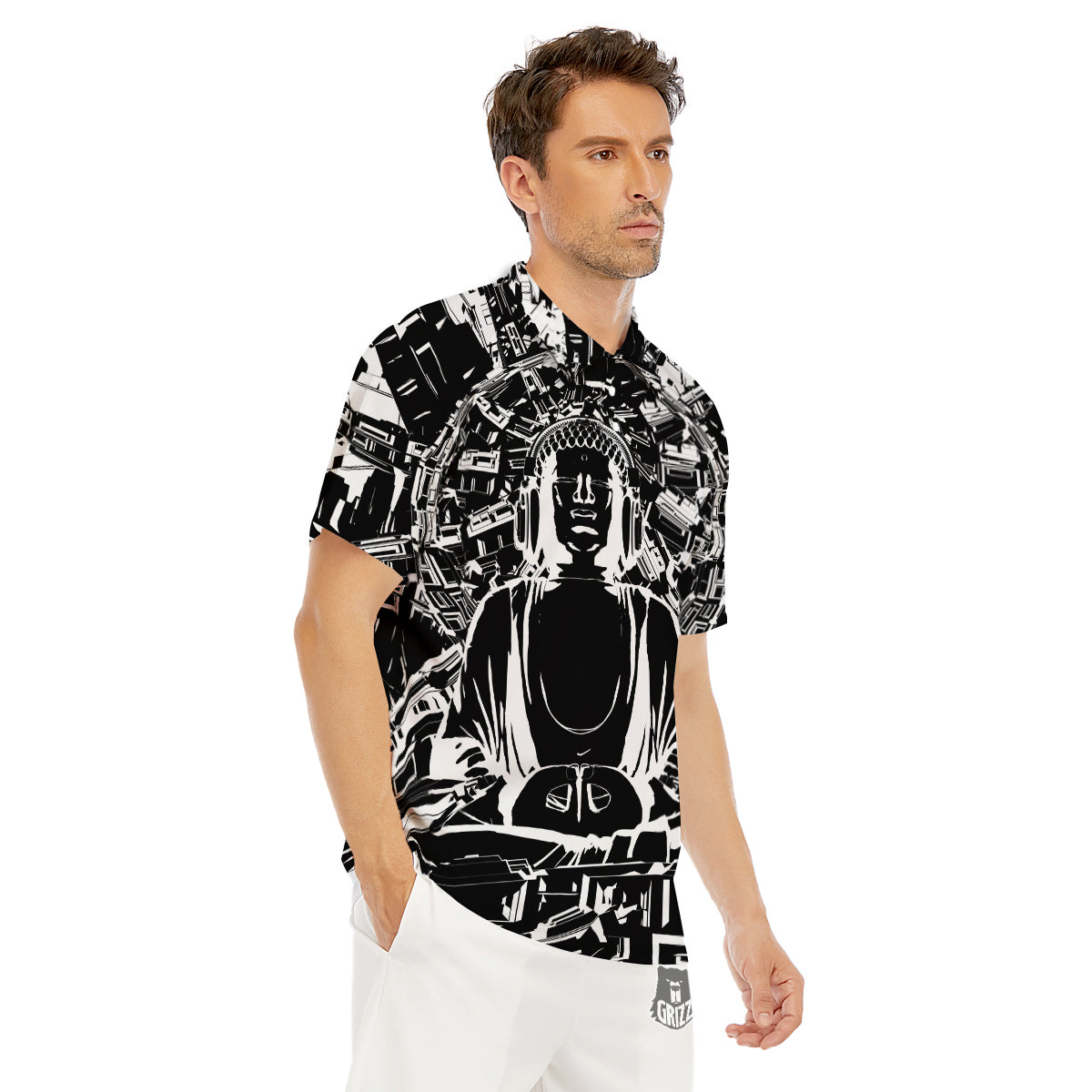 Technical Buddha Black And White Print Men's Golf Shirts-grizzshop