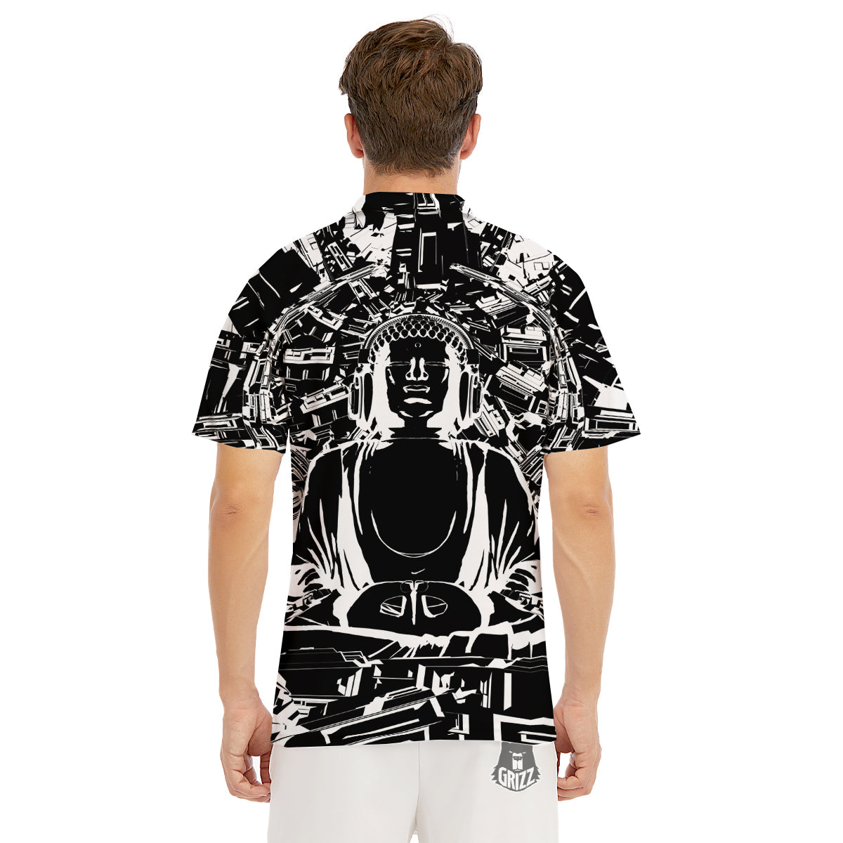 Technical Buddha Black And White Print Men's Golf Shirts-grizzshop