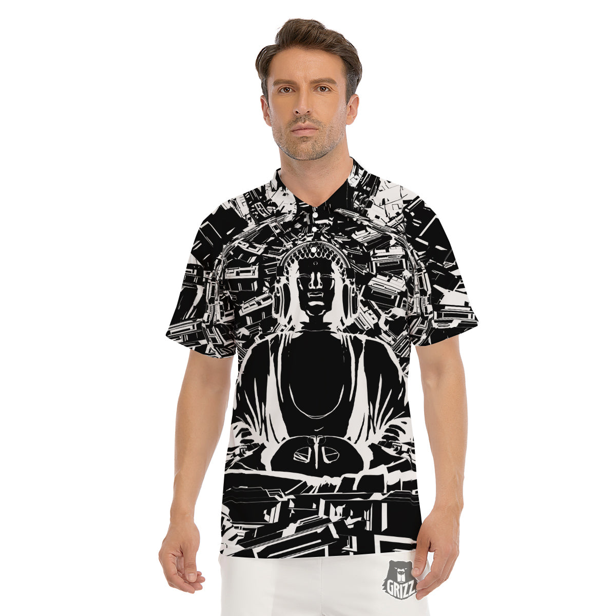 Technical Buddha Black And White Print Men's Golf Shirts-grizzshop