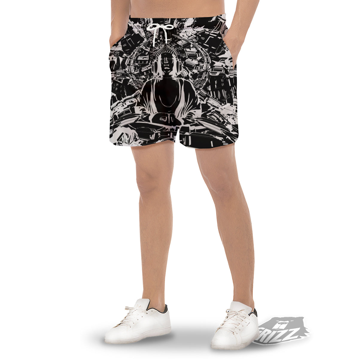 Technical Buddha Black And White Print Men's Gym Shorts-grizzshop