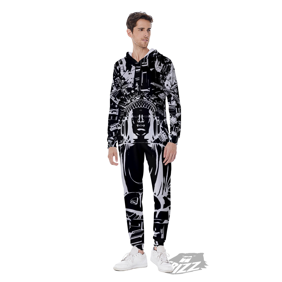 Technical Buddha Black And White Print Men's Jumpsuit-grizzshop