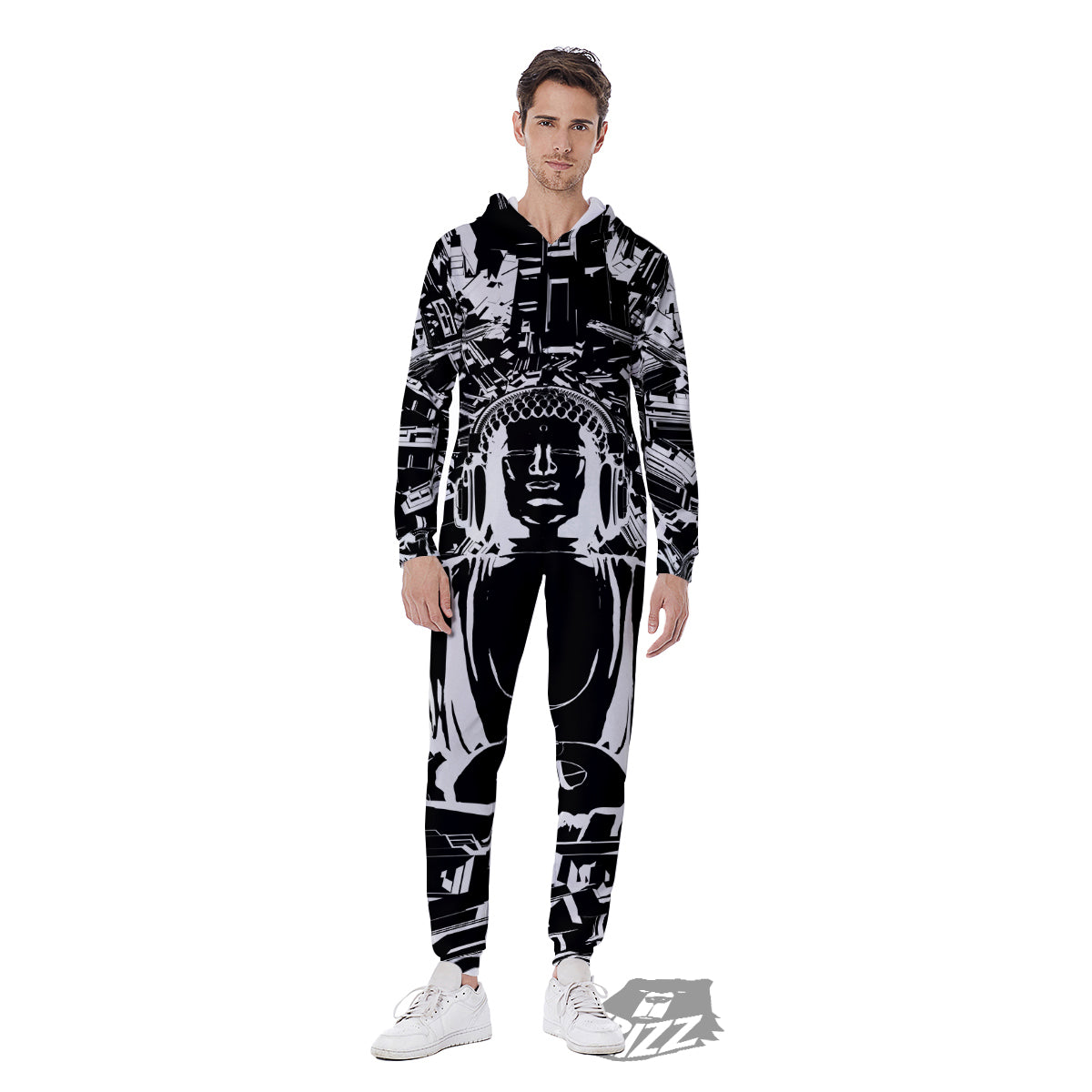 Technical Buddha Black And White Print Men's Jumpsuit-grizzshop