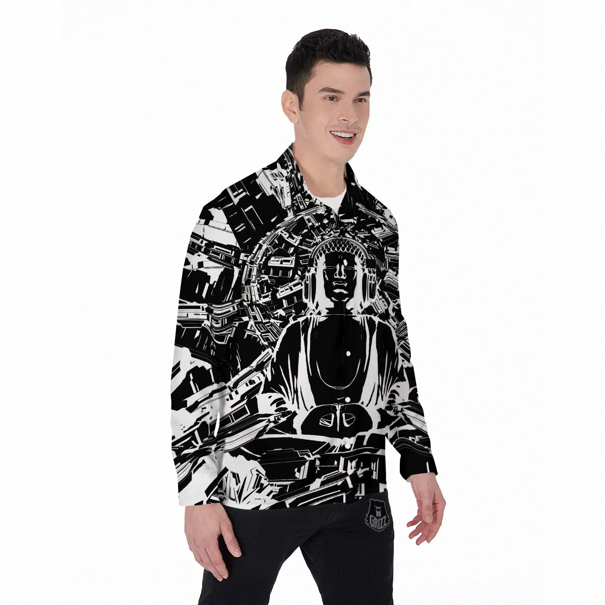 Technical Buddha Black And White Print Men's Long Sleeve Shirts-grizzshop