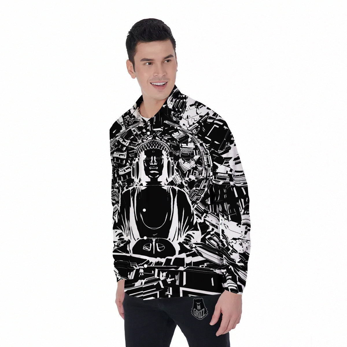 Technical Buddha Black And White Print Men's Long Sleeve Shirts-grizzshop