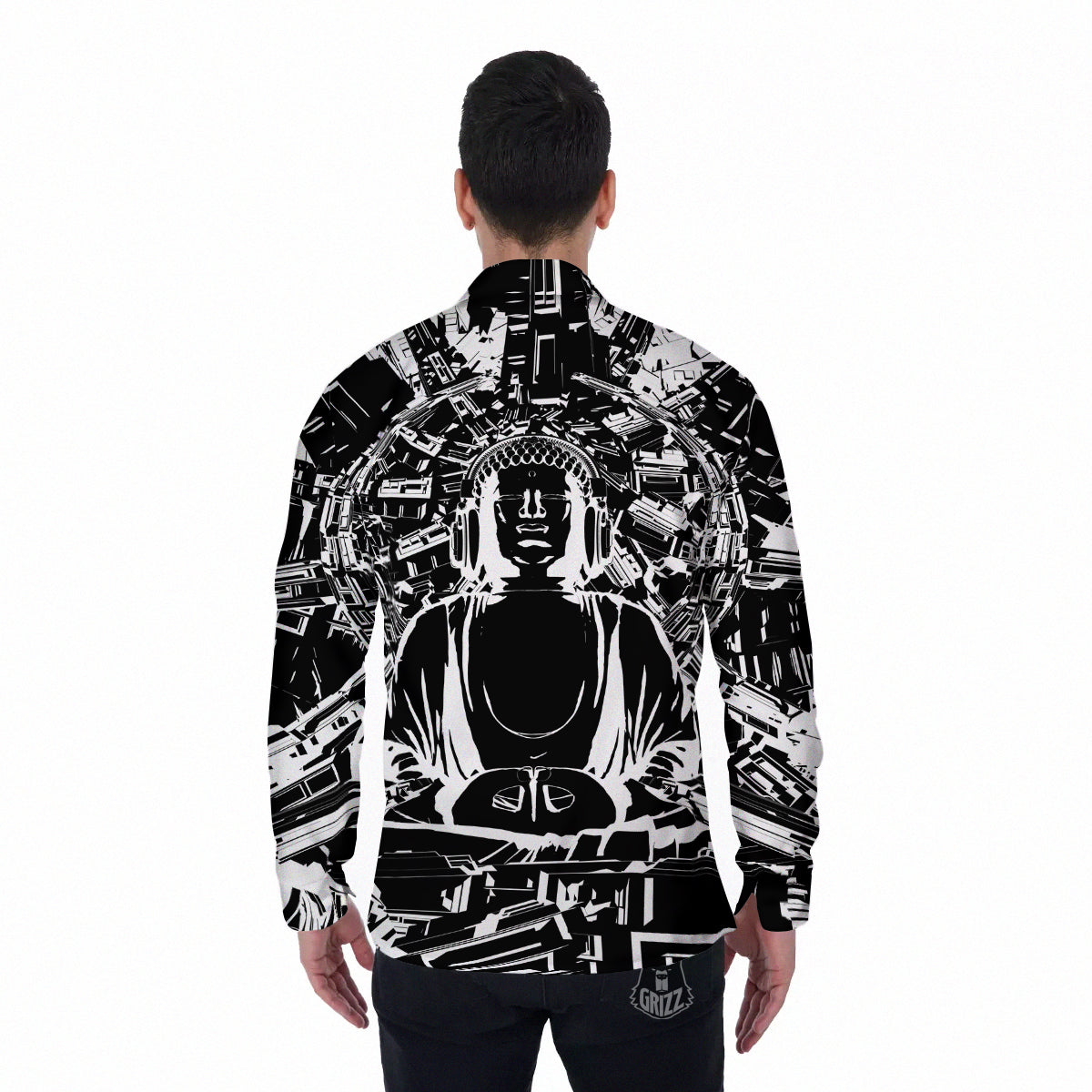 Technical Buddha Black And White Print Men's Long Sleeve Shirts-grizzshop