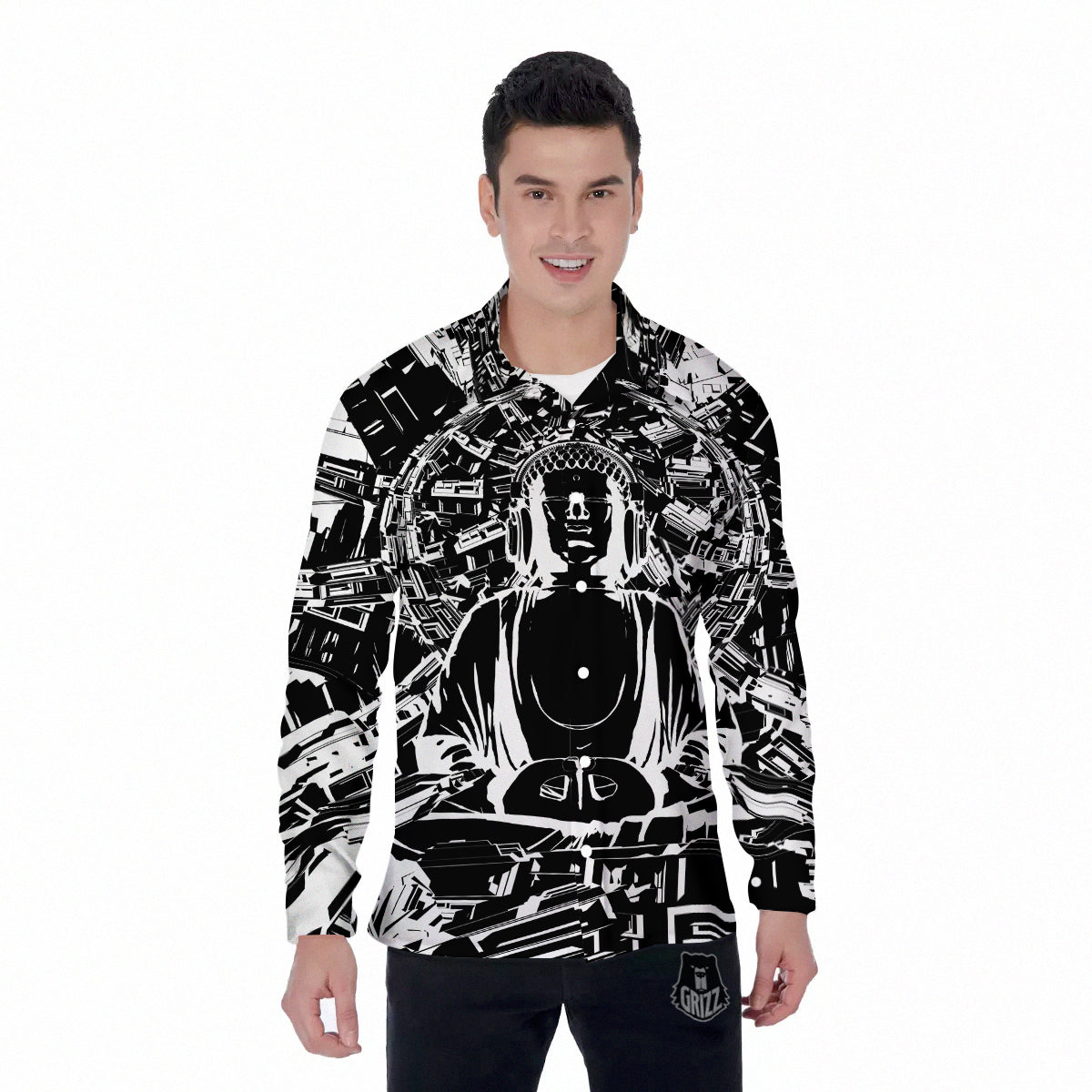 Technical Buddha Black And White Print Men's Long Sleeve Shirts-grizzshop