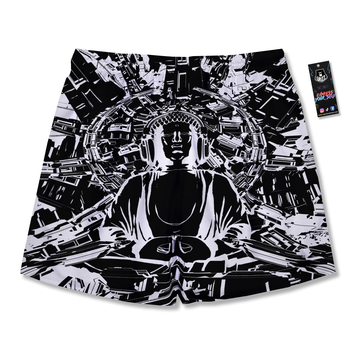 Technical Buddha Black And White Print Men's Running Shorts-grizzshop