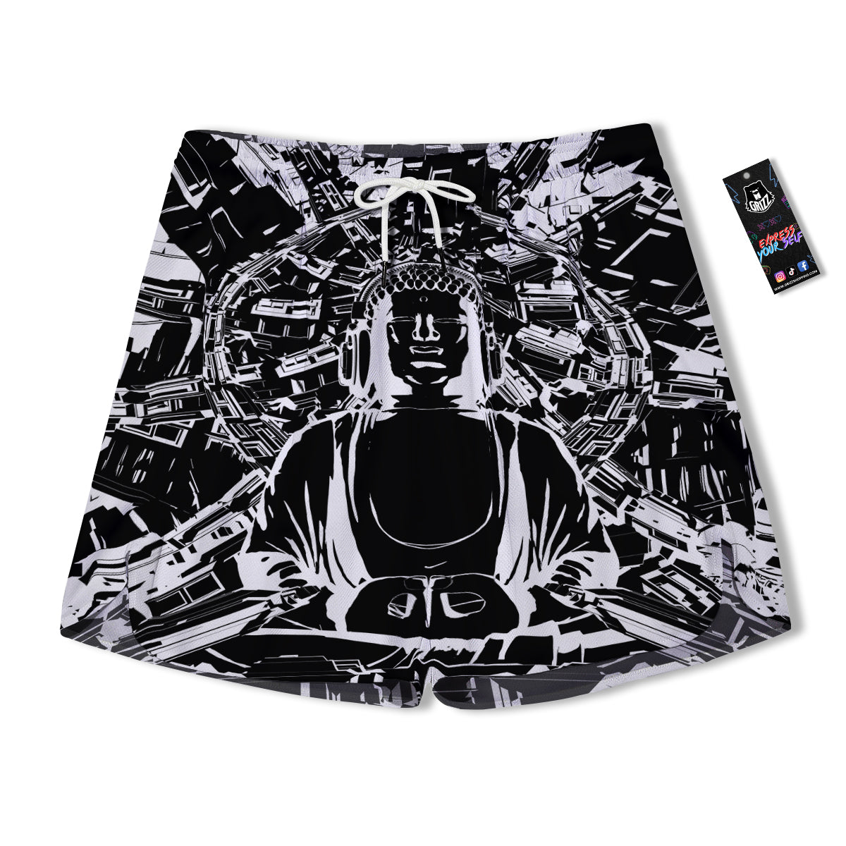 Technical Buddha Black And White Print Men's Running Shorts-grizzshop