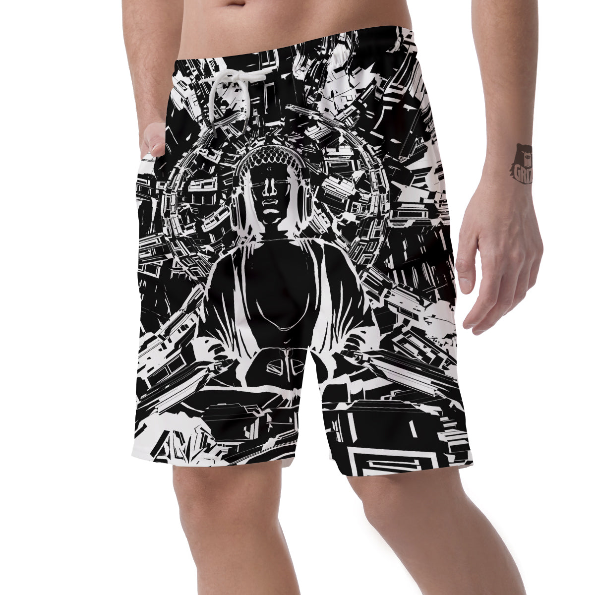Technical Buddha Black And White Print Men's Shorts-grizzshop