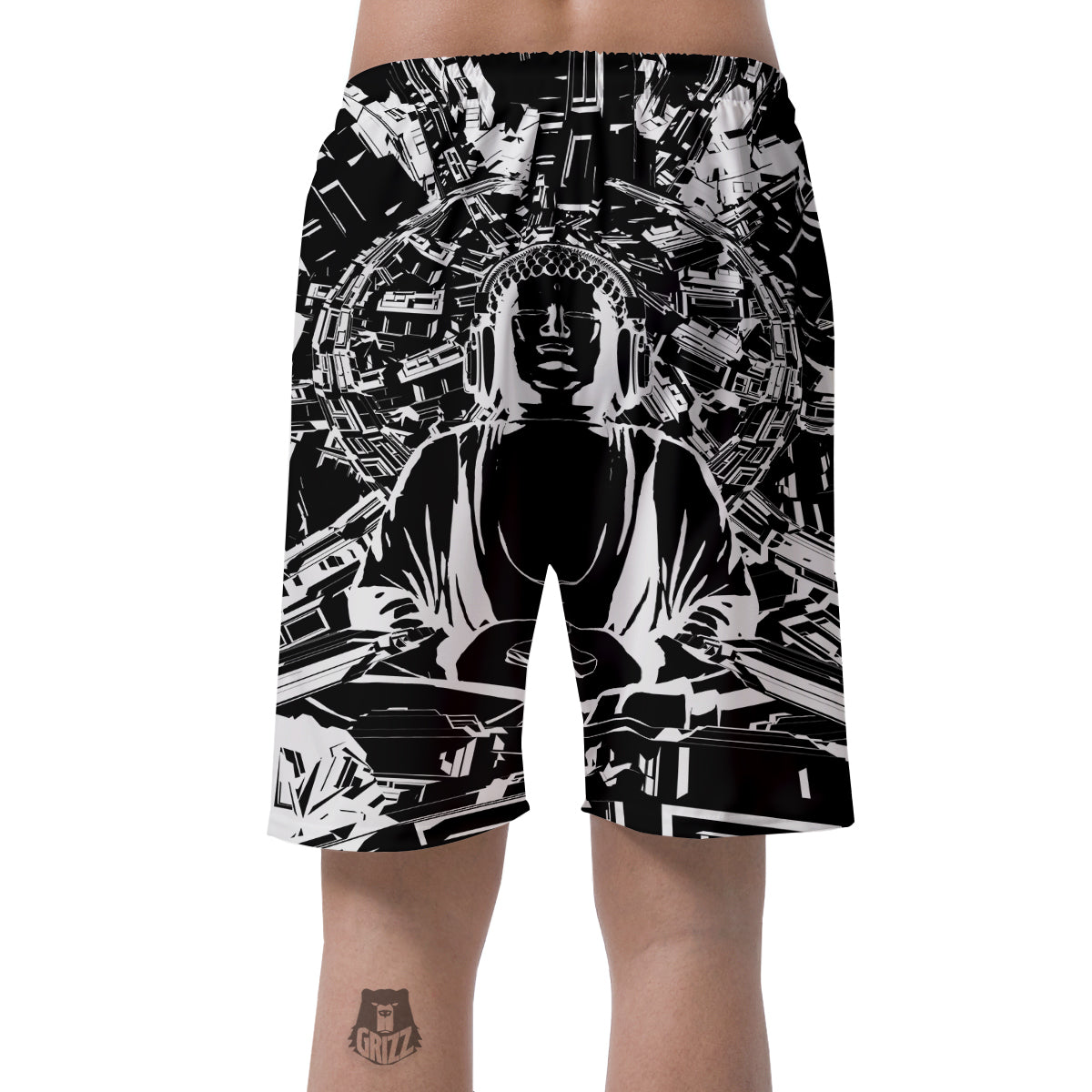 Technical Buddha Black And White Print Men's Shorts-grizzshop