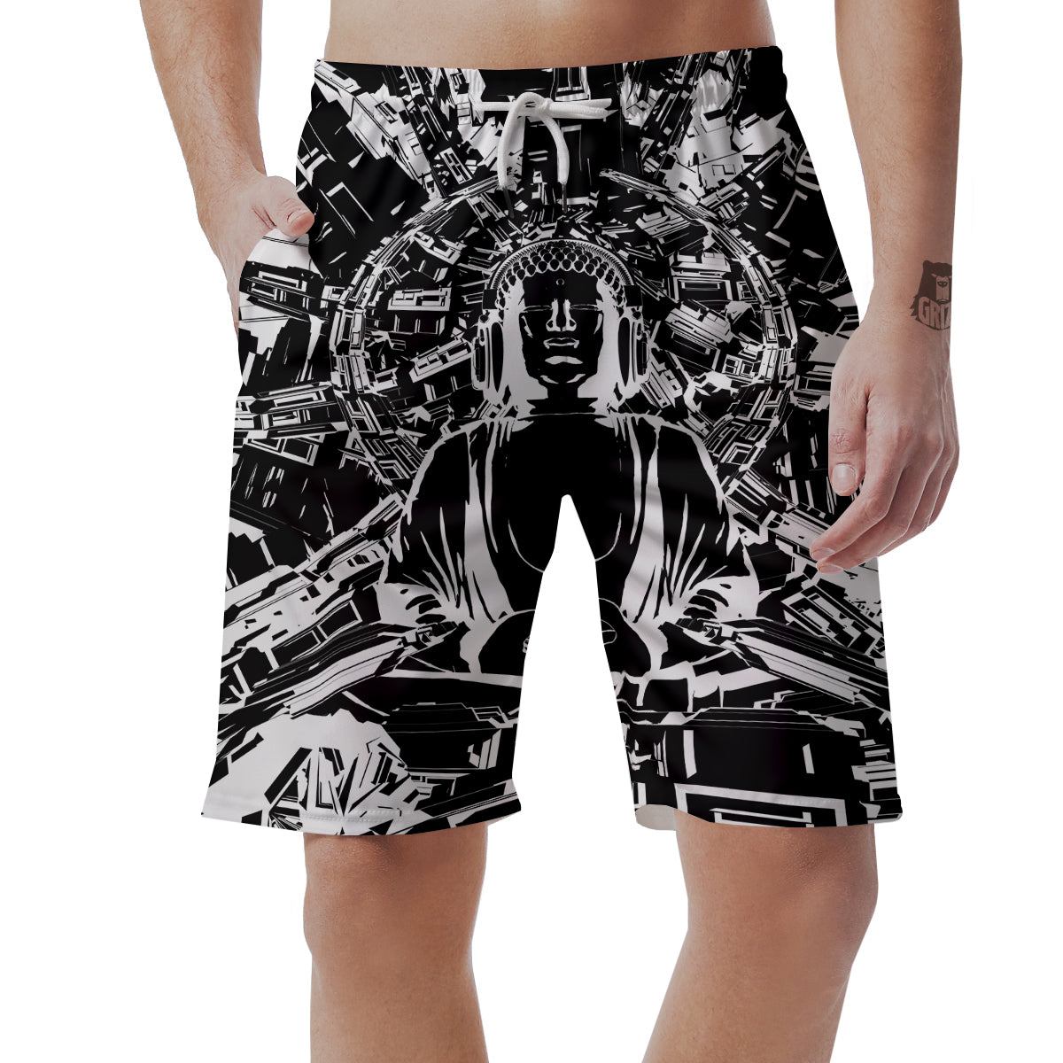 Technical Buddha Black And White Print Men's Shorts-grizzshop