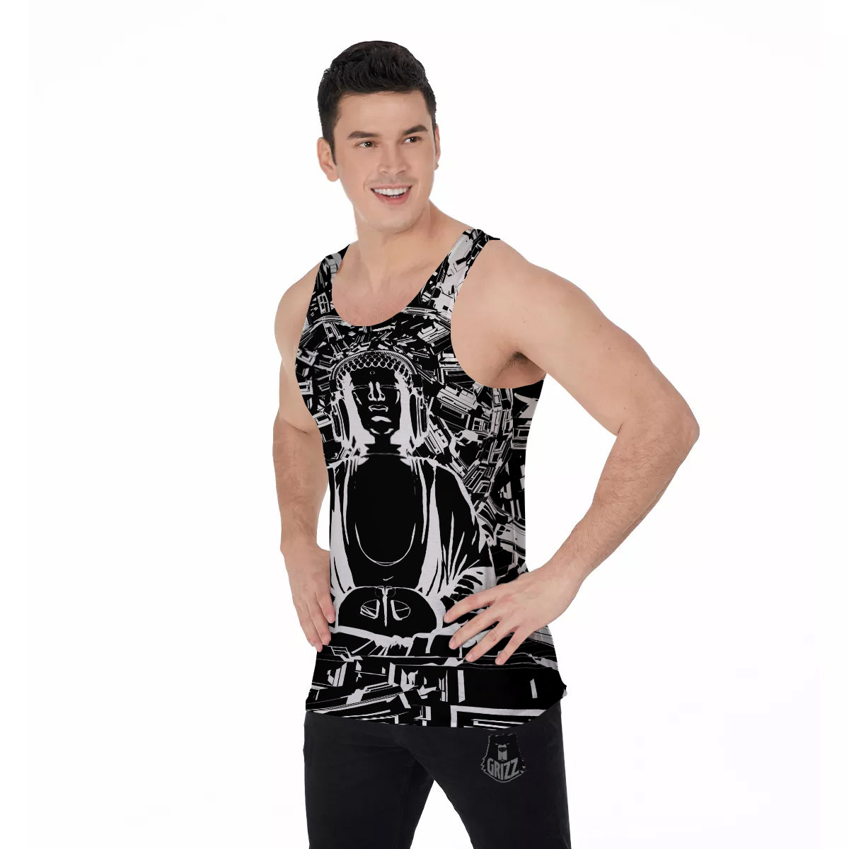 Technical Buddha Black And White Print Men's Tank Top-grizzshop