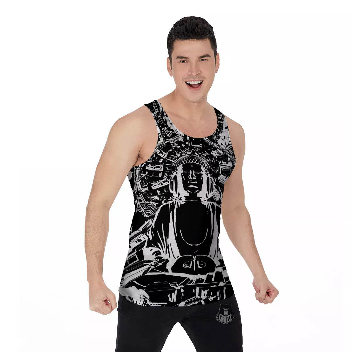 Technical Buddha Black And White Print Men's Tank Top-grizzshop