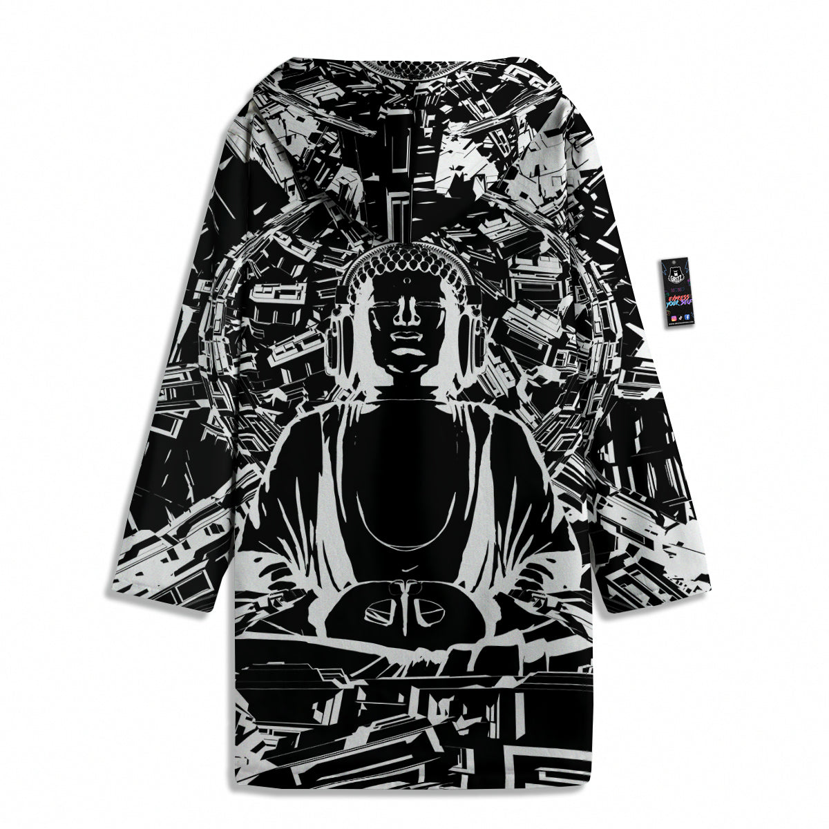 Technical Buddha Black And White Print Men's Windbreaker Jacket-grizzshop