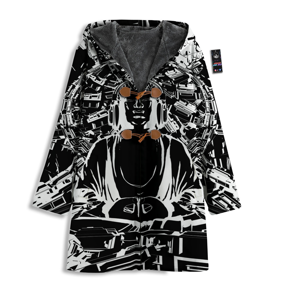 Technical Buddha Black And White Print Men's Windbreaker Jacket-grizzshop
