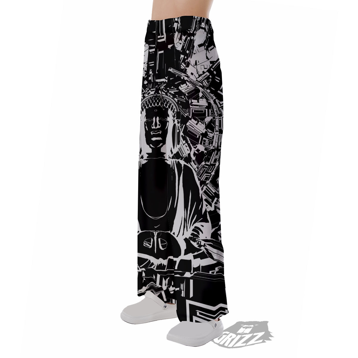 Technical Buddha Black And White Print Pajama Pants-grizzshop
