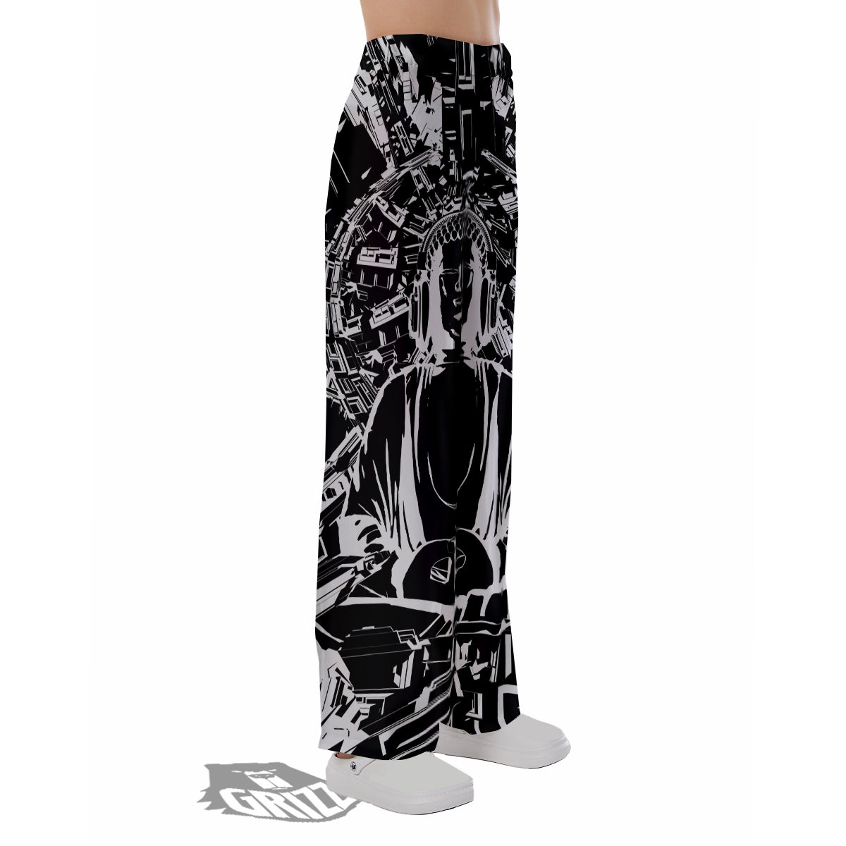 Technical Buddha Black And White Print Pajama Pants-grizzshop