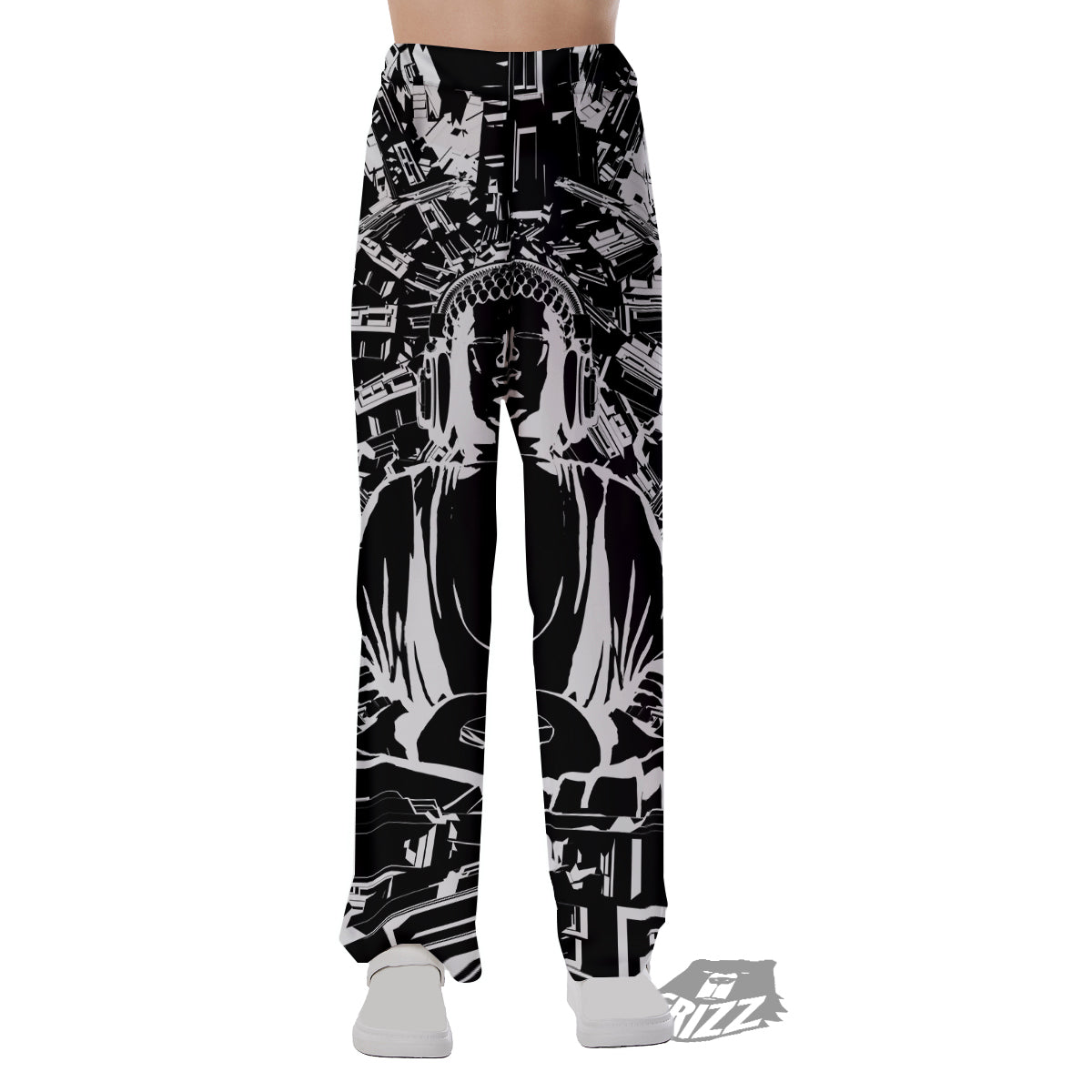 Technical Buddha Black And White Print Pajama Pants-grizzshop