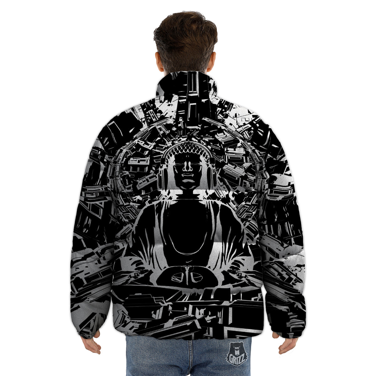 Technical Buddha Black And White Print Puffer Jacket-grizzshop