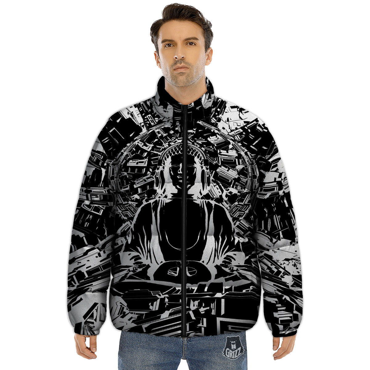 Technical Buddha Black And White Print Puffer Jacket-grizzshop