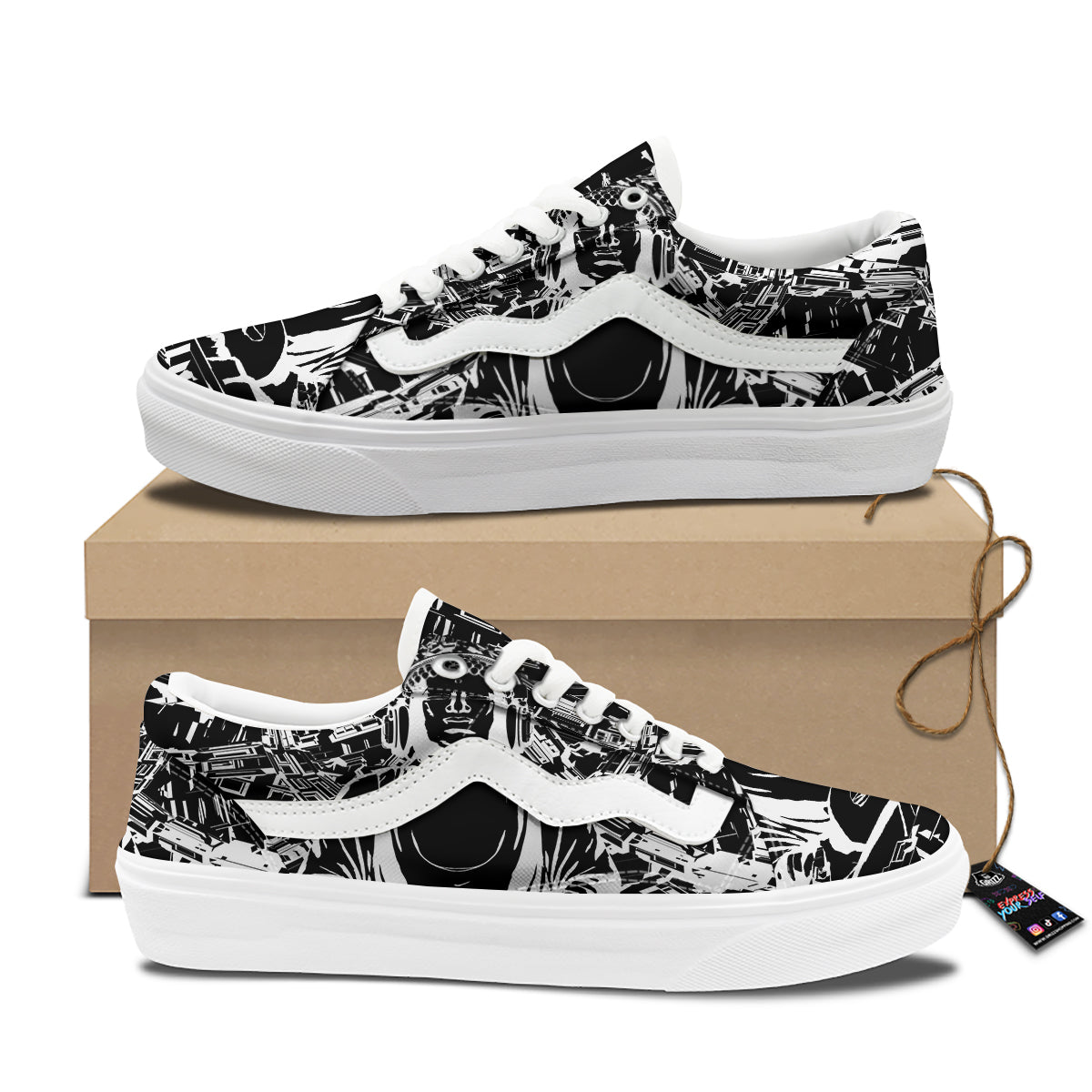 Technical Buddha Black And White Print Skate Shoes-grizzshop