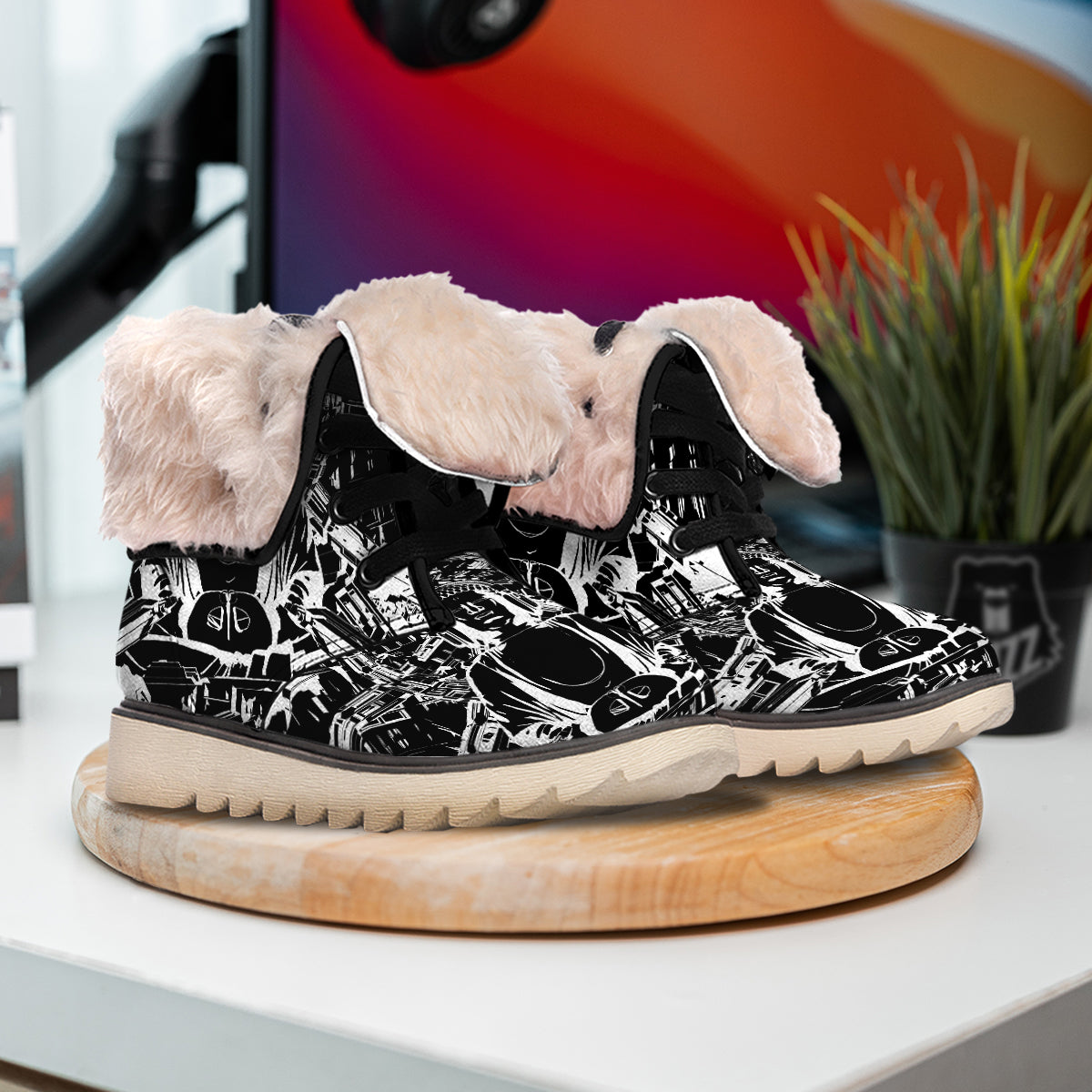 Technical Buddha Black And White Print Snow Boots-grizzshop