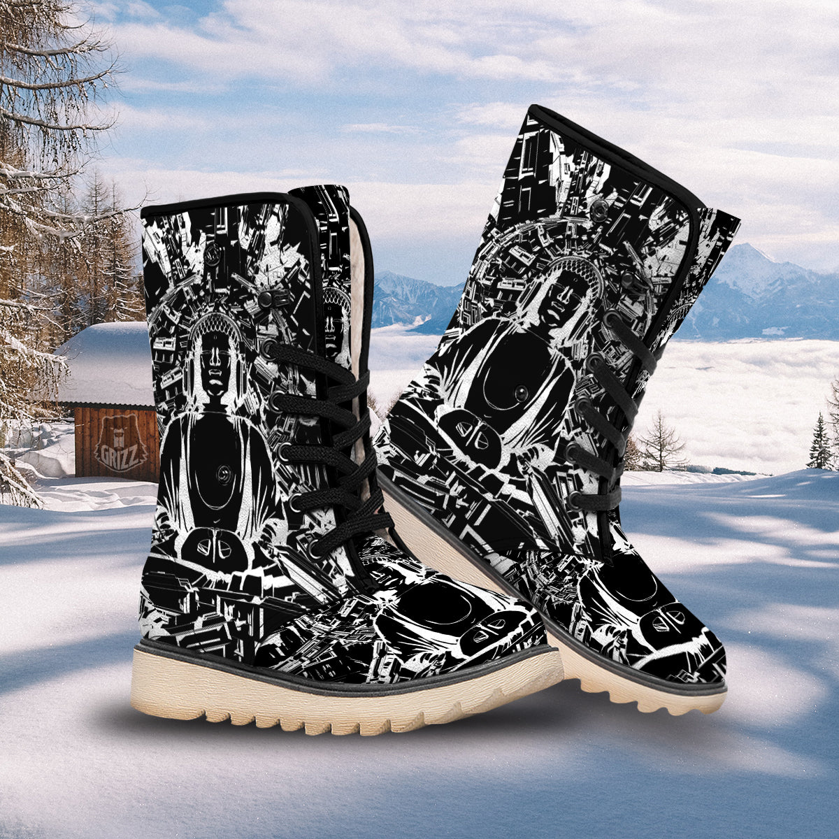 Technical Buddha Black And White Print Snow Boots-grizzshop