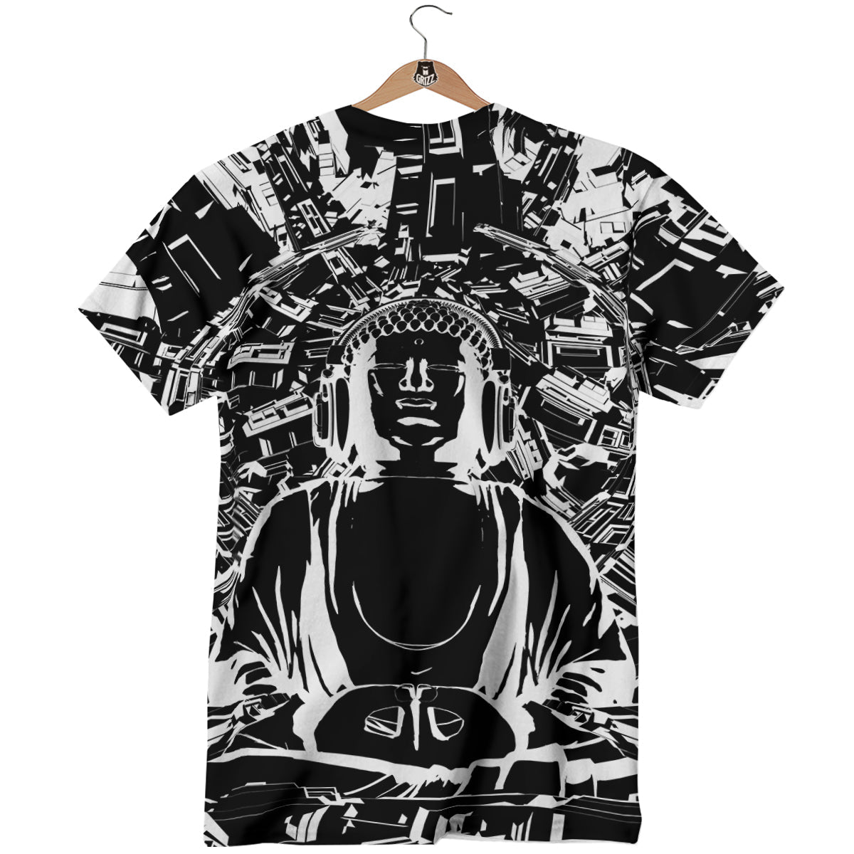 Technical Buddha Black And White Print T-Shirt-grizzshop