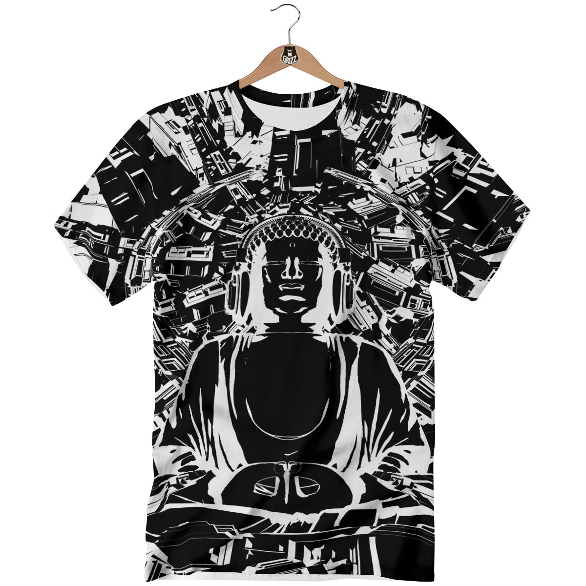 Technical Buddha Black And White Print T-Shirt-grizzshop