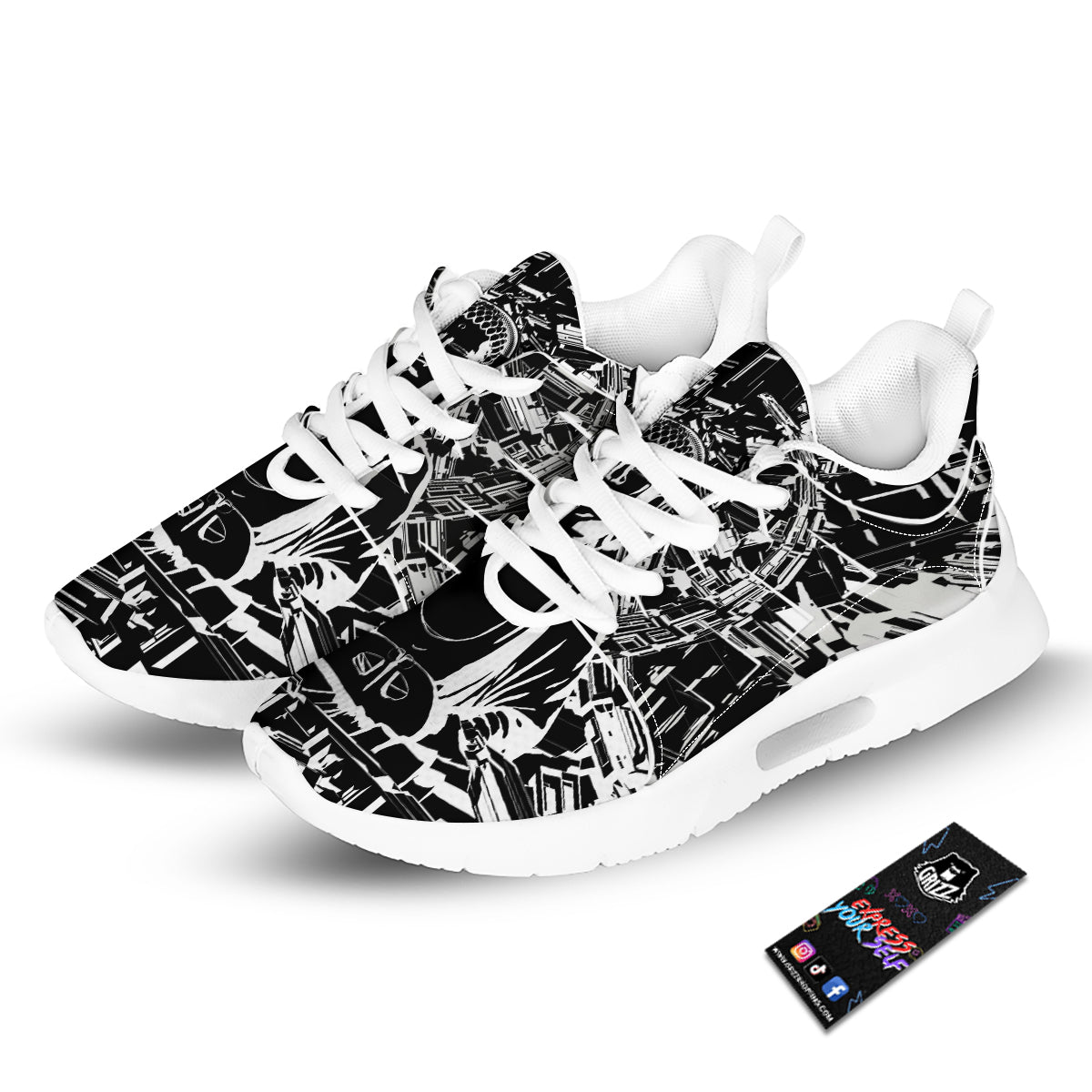 Technical Buddha Black And White Print Tennis Shoes-grizzshop