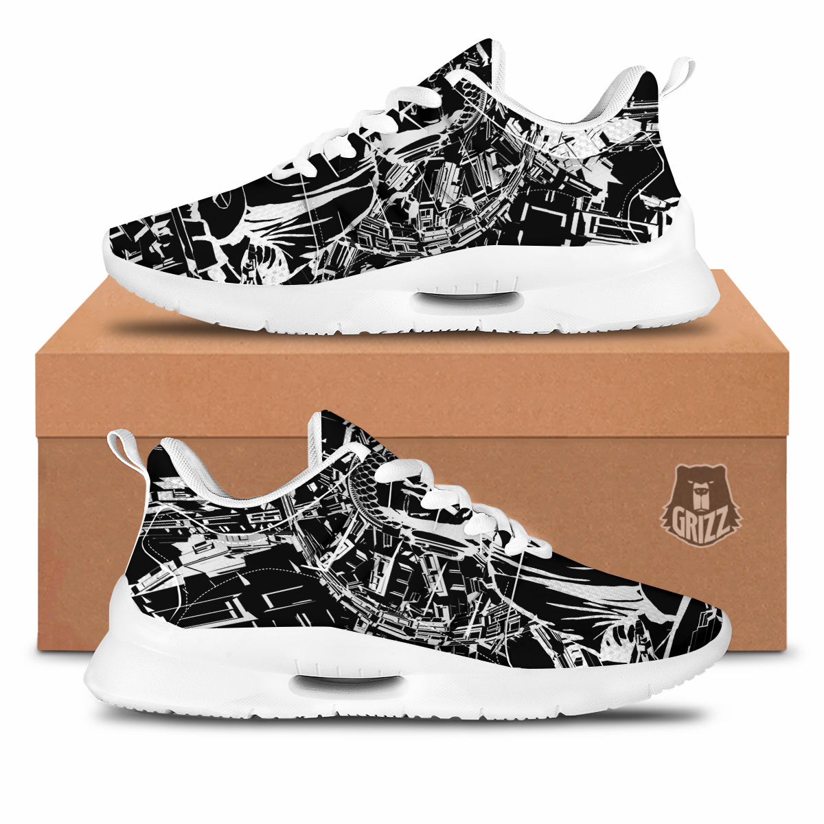 Technical Buddha Black And White Print Tennis Shoes-grizzshop