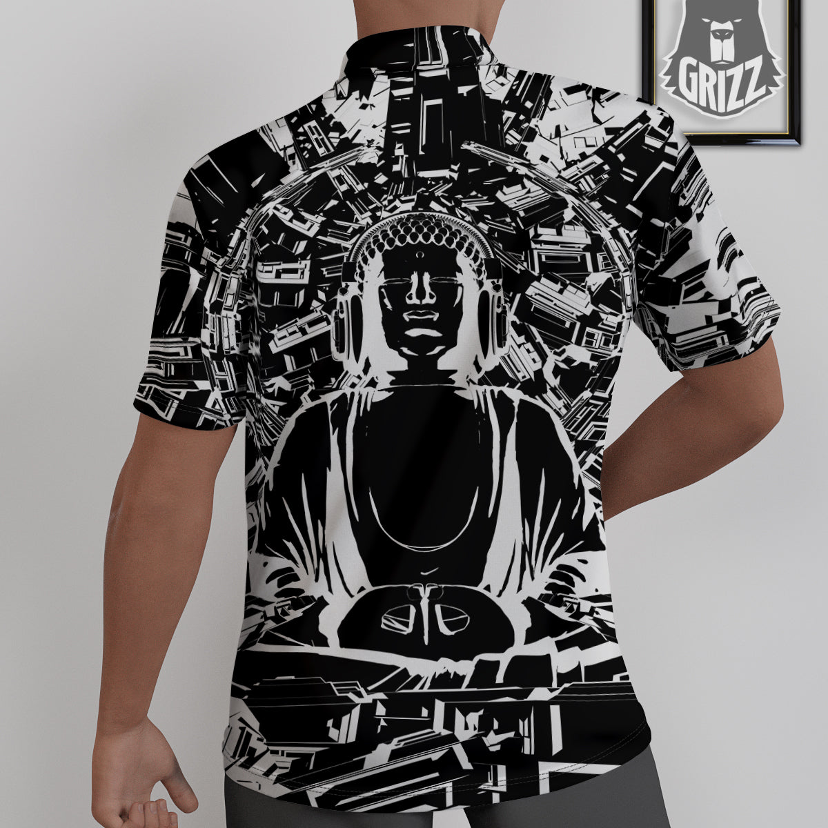 Technical Buddha Black And White Print Untucked Shirts-grizzshop