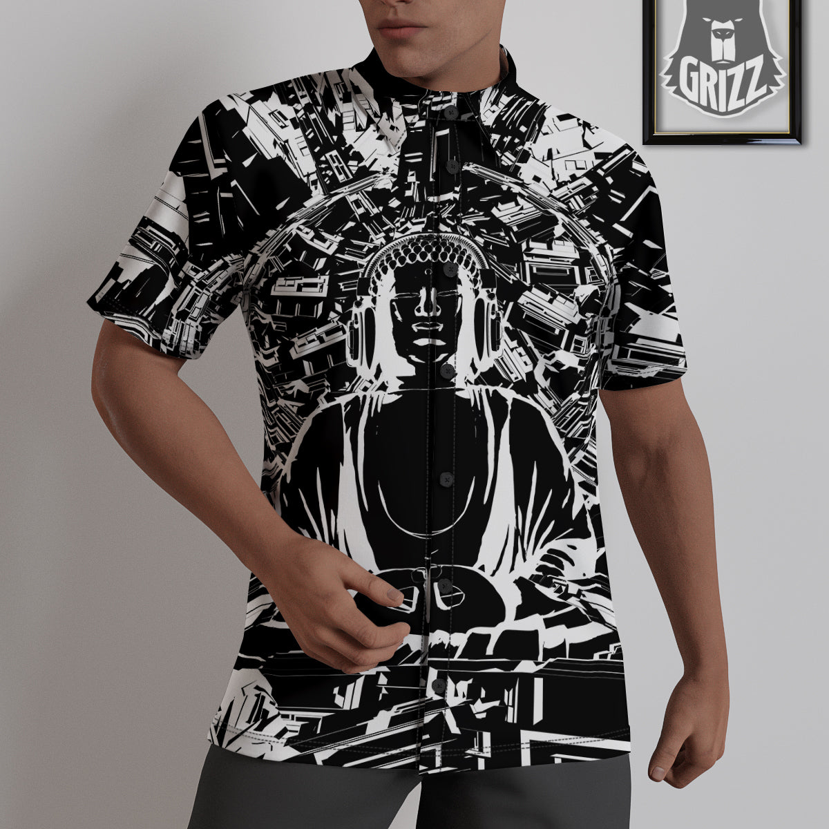 Technical Buddha Black And White Print Untucked Shirts-grizzshop