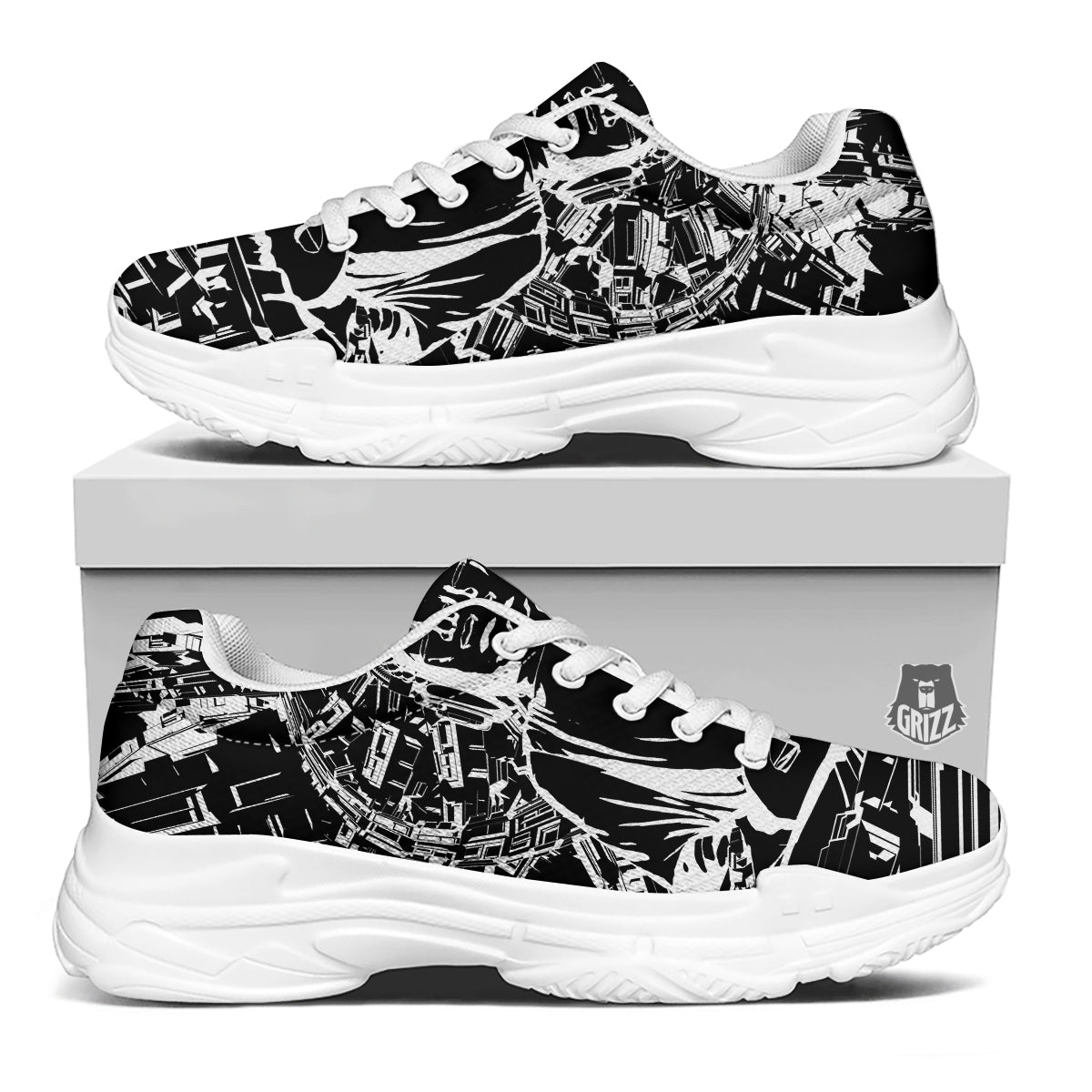 Technical Buddha Black And White Print White Chunky Shoes-grizzshop