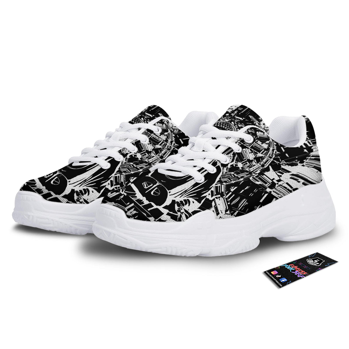Technical Buddha Black And White Print White Chunky Shoes-grizzshop