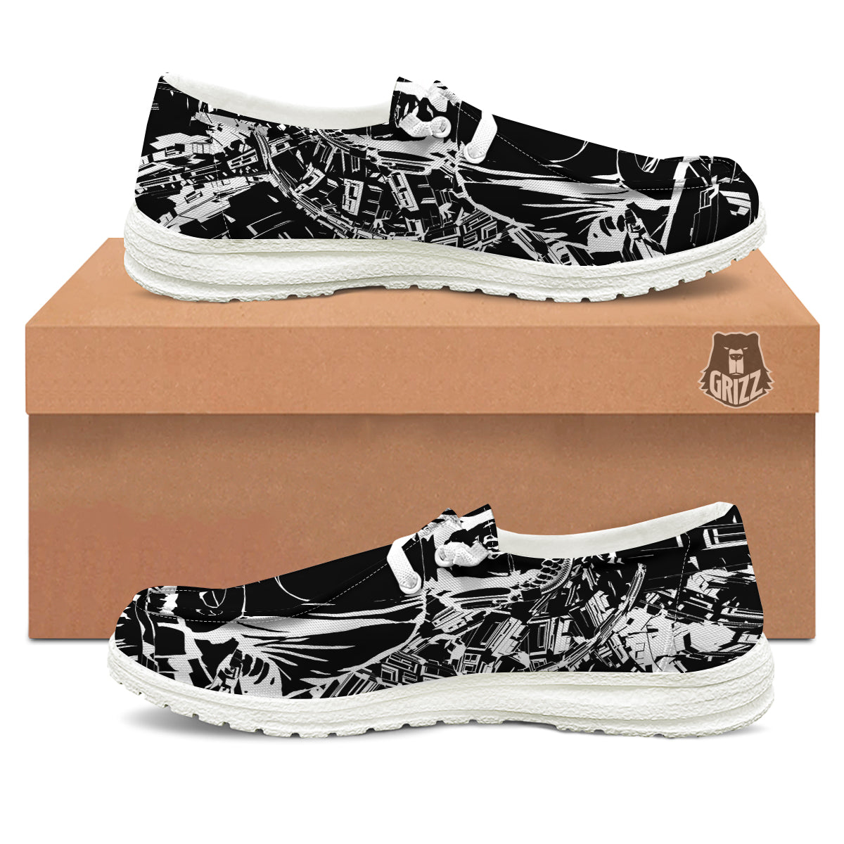 Technical Buddha Black And White Print White Loafers-grizzshop