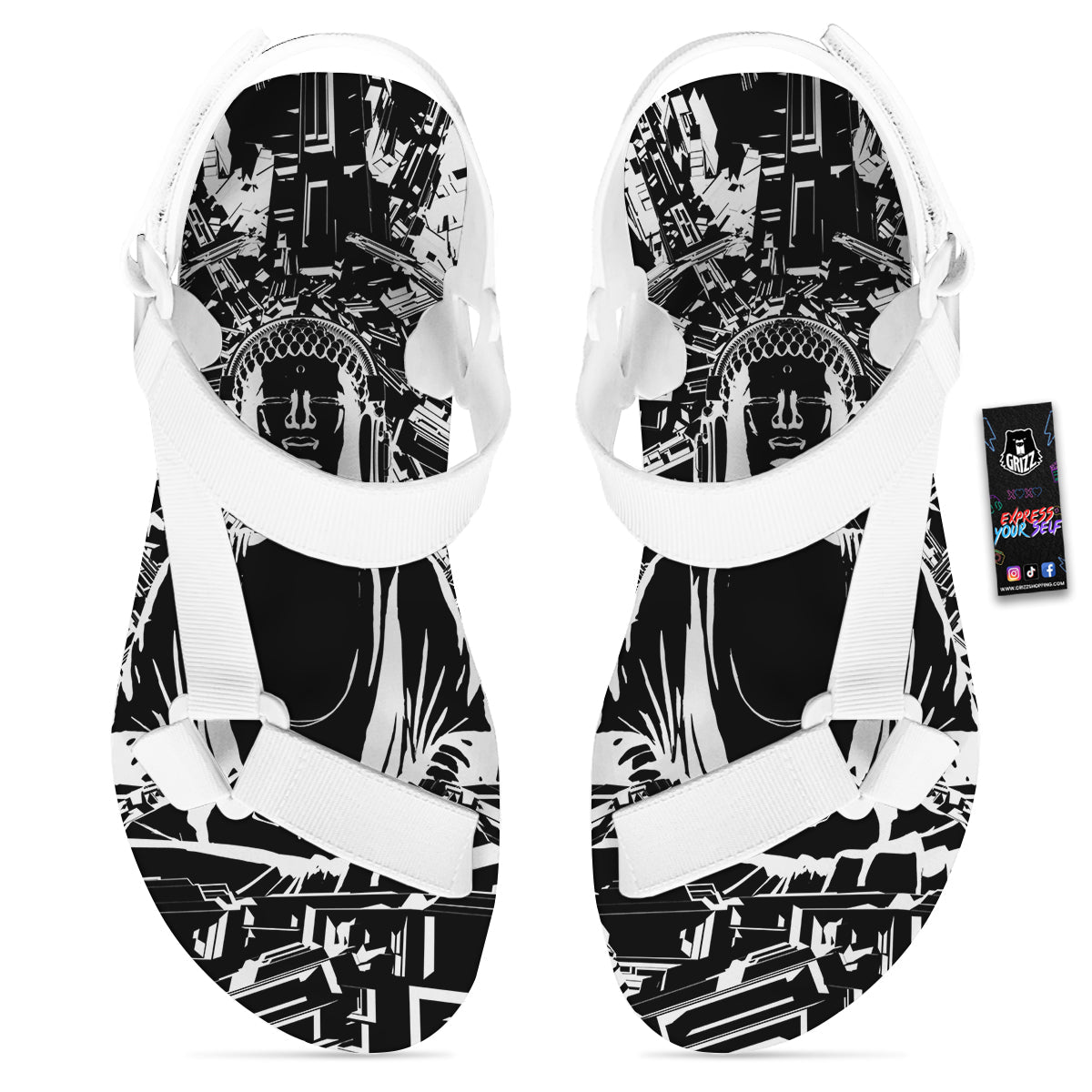 Technical Buddha Black And White Print White Open Toe Sandals-grizzshop