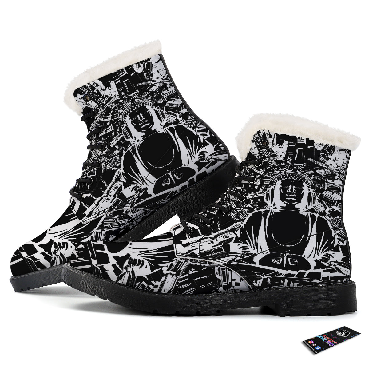 Technical Buddha Black And White Print Winter Boots-grizzshop