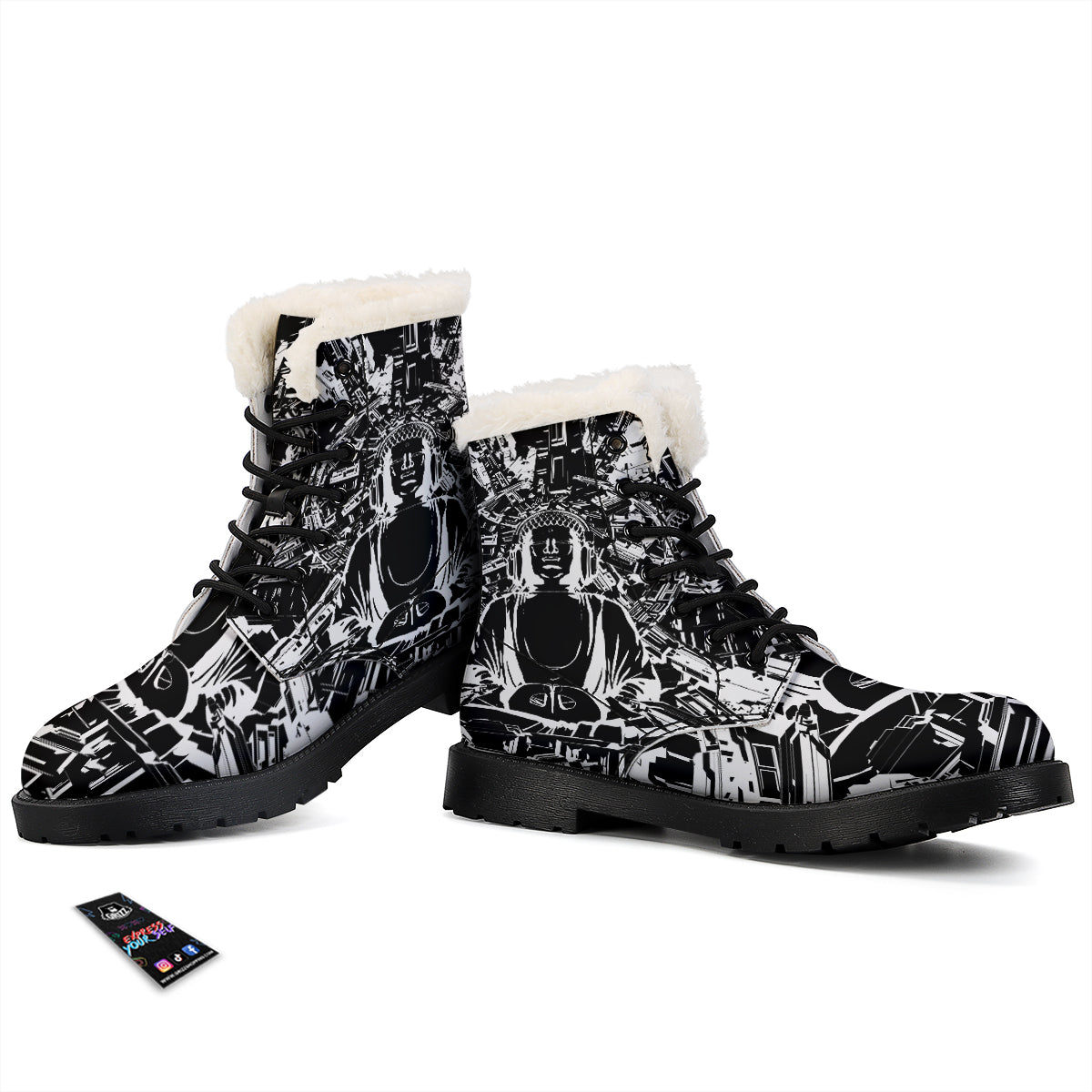 Technical Buddha Black And White Print Winter Boots-grizzshop