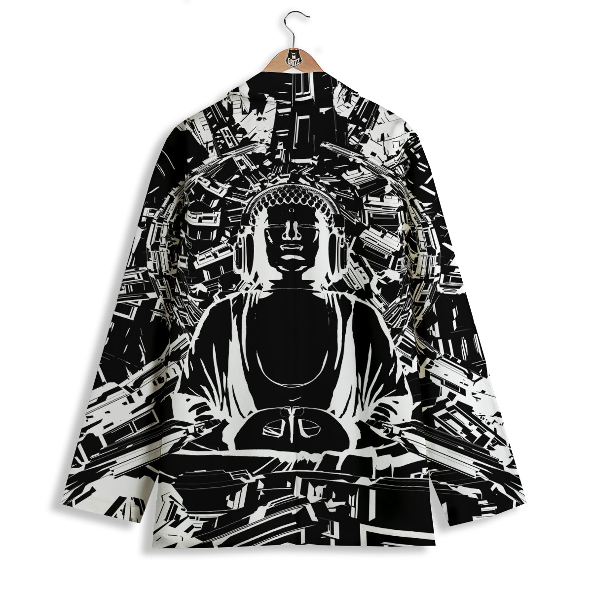 Technical Buddha Black And White Print Women's Blazer-grizzshop