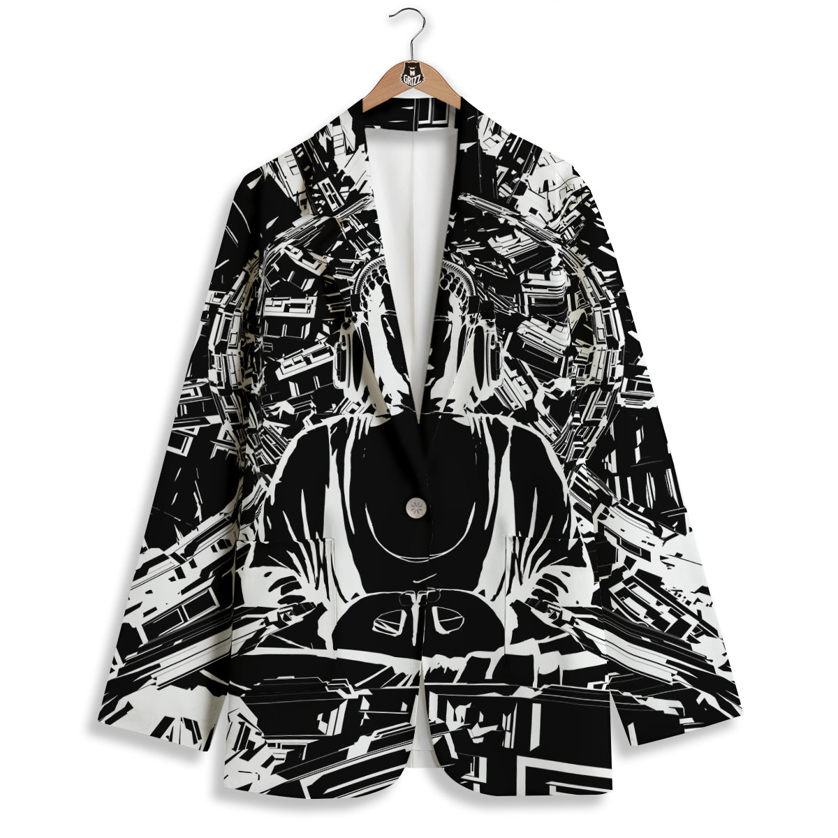 Technical Buddha Black And White Print Women's Blazer-grizzshop