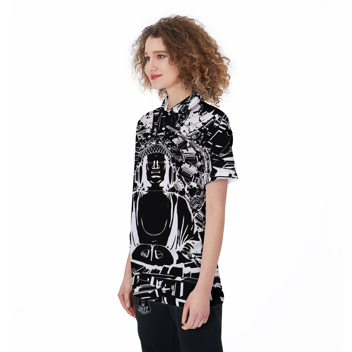 Technical Buddha Black And White Print Women's Golf Shirts-grizzshop