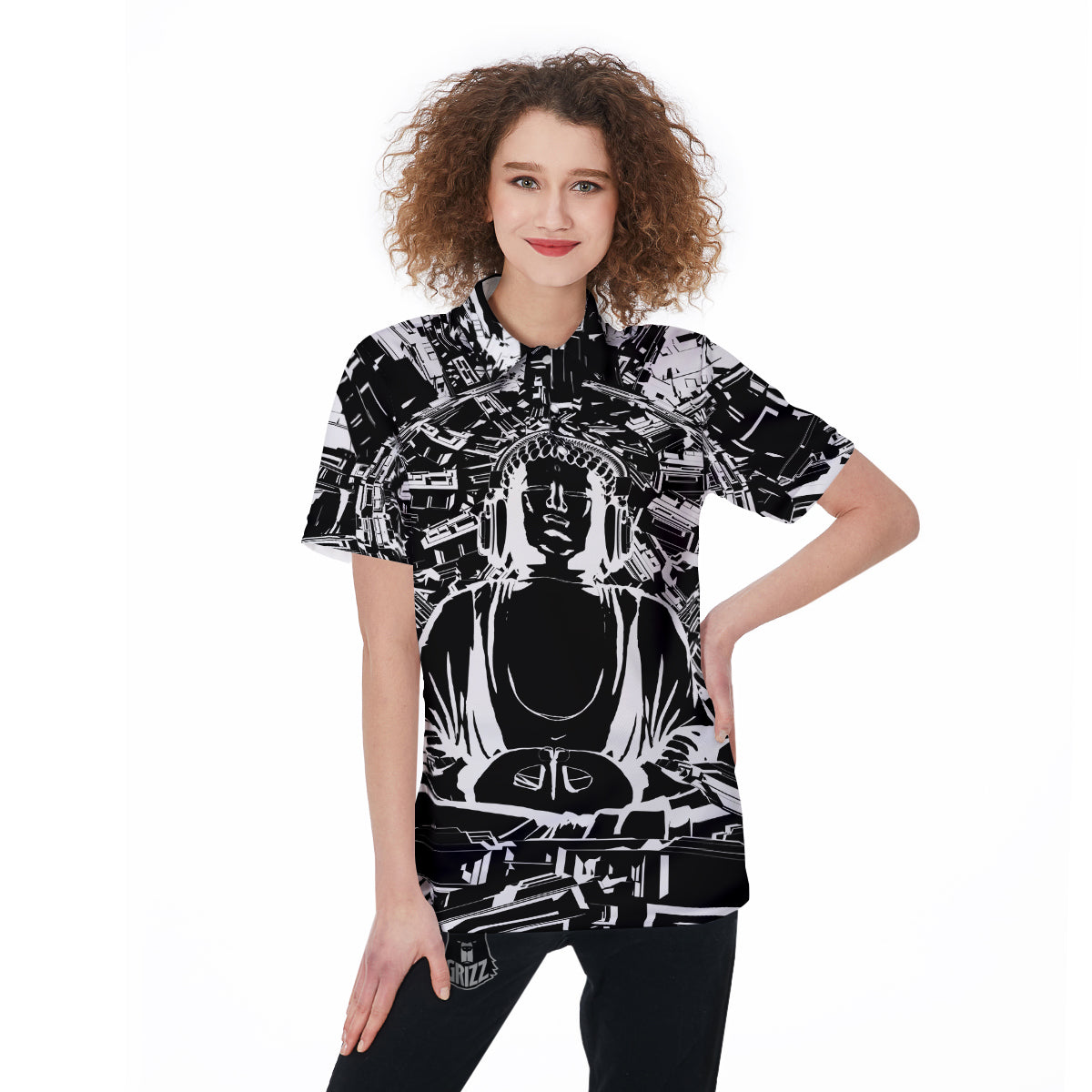 Technical Buddha Black And White Print Women's Golf Shirts-grizzshop