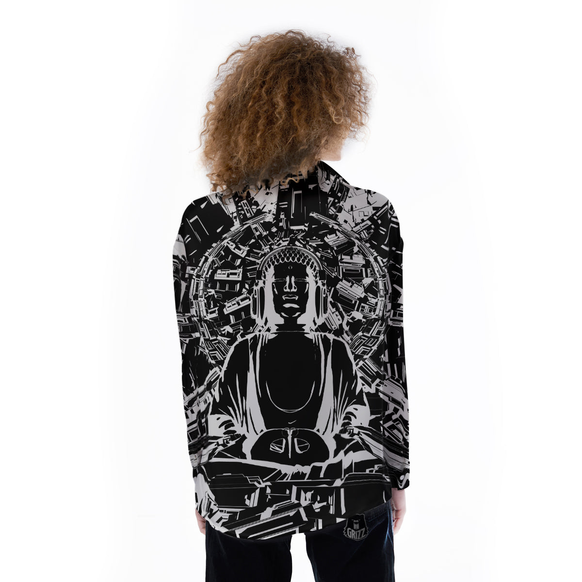 Technical Buddha Black And White Print Women's Long Sleeve Shirts-grizzshop