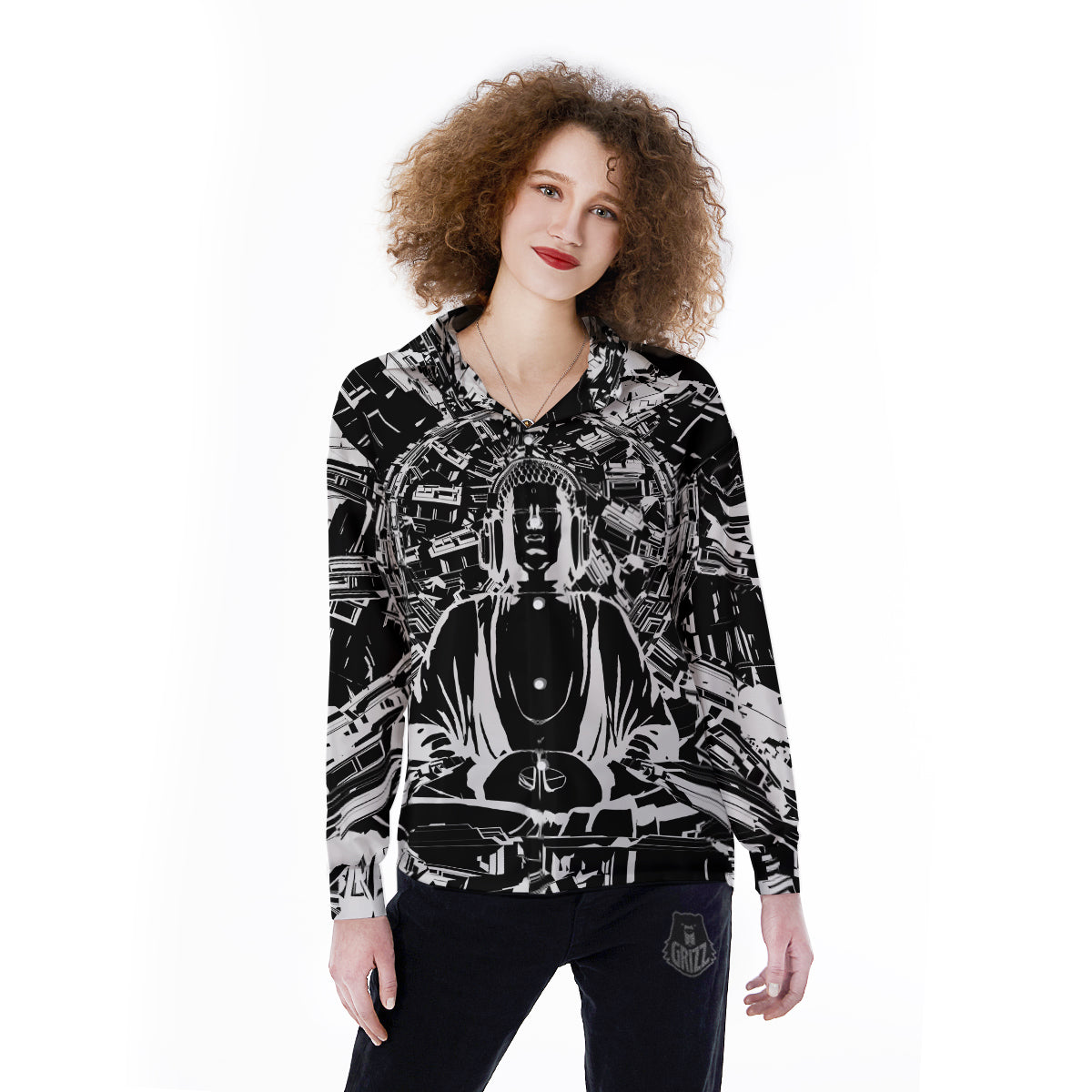 Technical Buddha Black And White Print Women's Long Sleeve Shirts-grizzshop