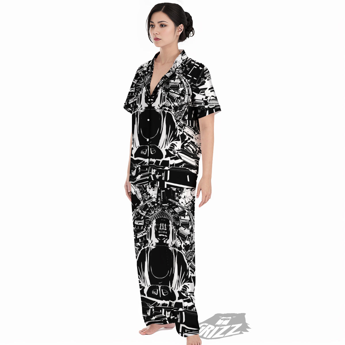 Technical Buddha Black And White Print Women's Pajamas Set-grizzshop